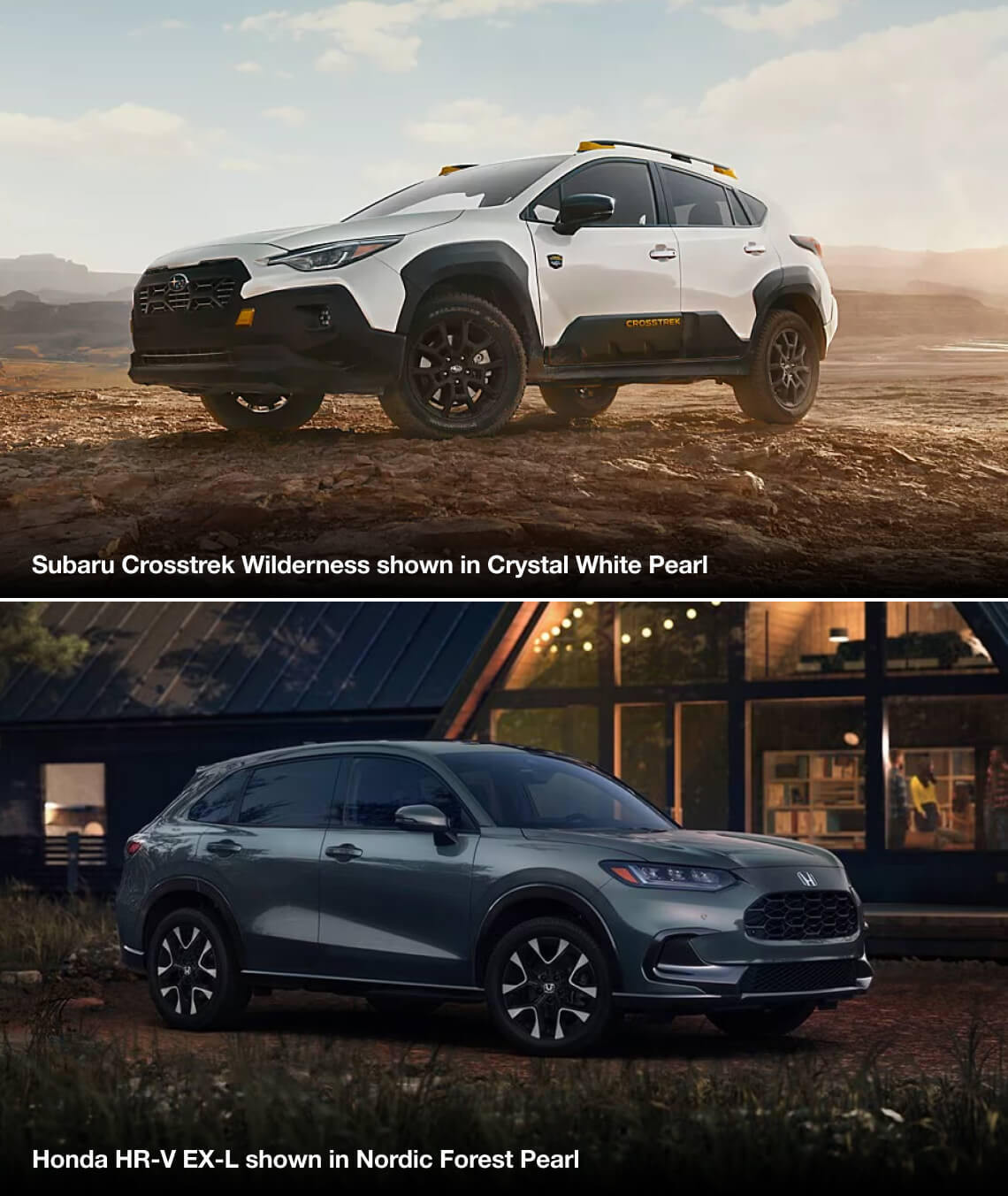 Subaru Crosstrek Wilderness in Crystal White Pearl and Honda HR-V EX-L in Nordic Forest Pearl
