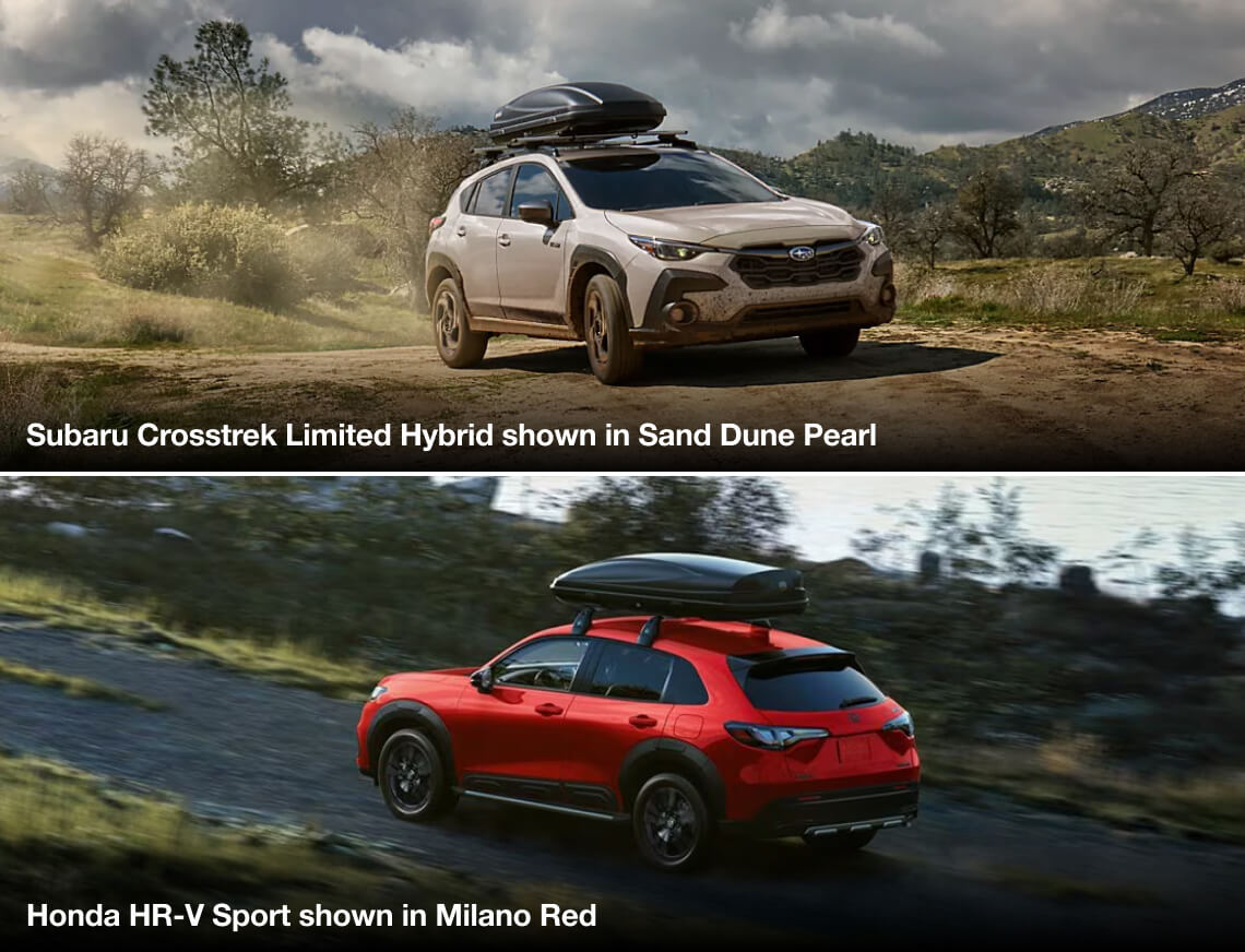 Subaru Crosstrek Limited Hybrid in Sand Dune Pearl and Honda HR-V Sport in Milano Red