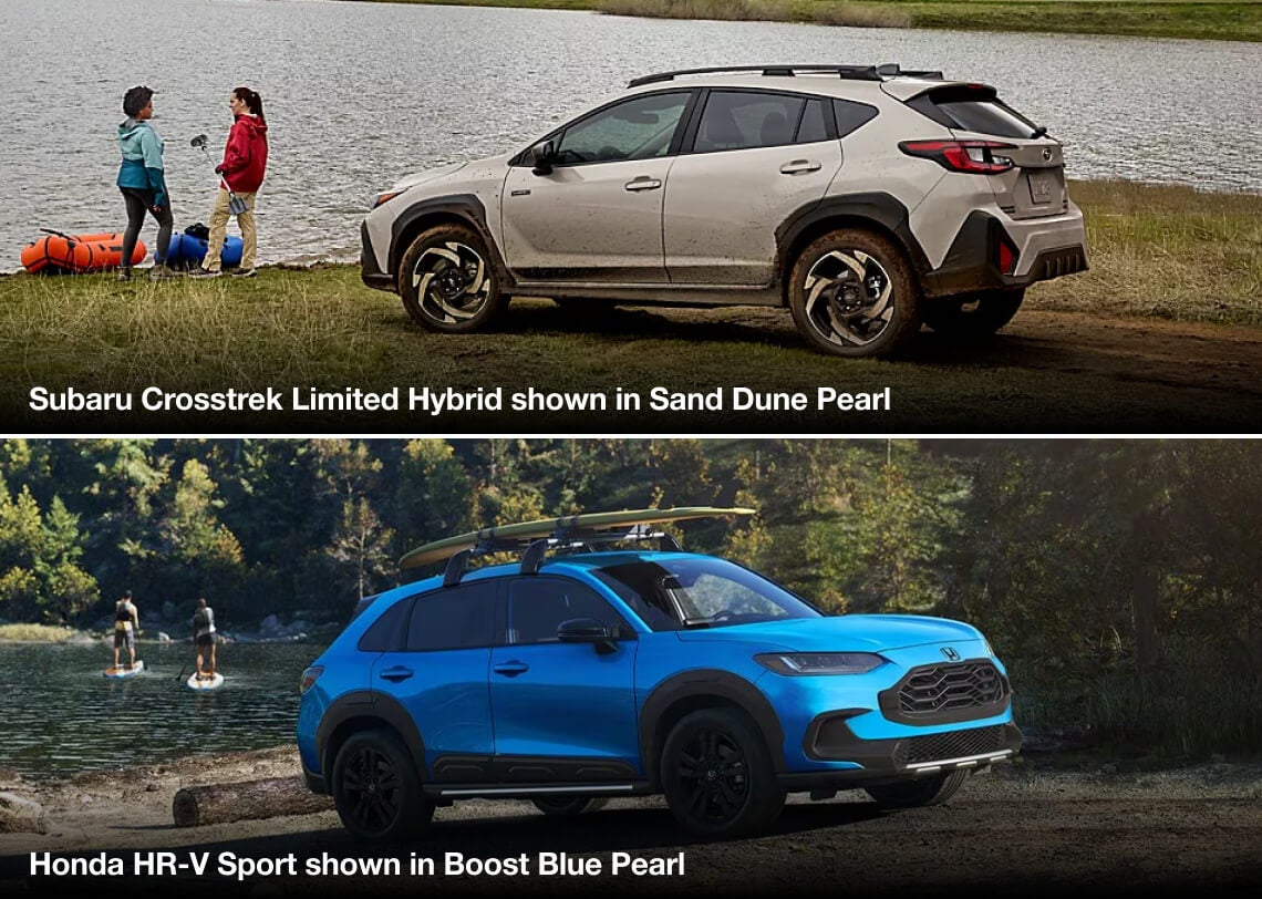 Subaru Crosstrek Limited Hybrid in Sand Dune Pearl and Honda HR-V Sport in Boost Blue Pearl