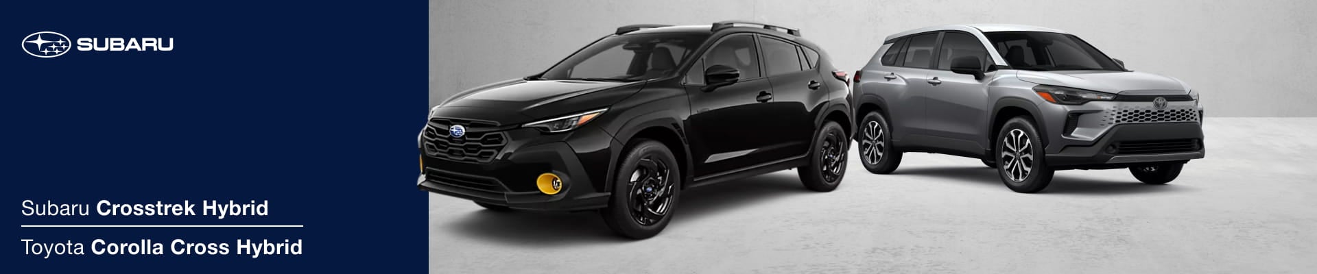 Subaru Crosstrek Hybrid and a Toyota Corolla Cross Hybrid on a gray background.