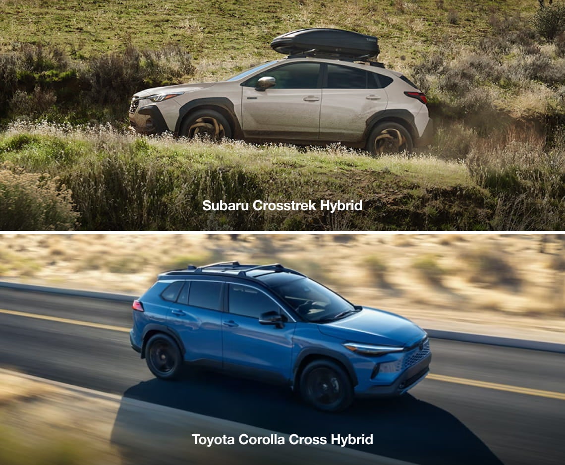 Top Image: Subaru Crosstrek Hybrid with a roof box drives off-road through grassy terrain. Bottom image: Toyota Corolla Cross Hybrid speeds on a highway, showcasing motion and agility.