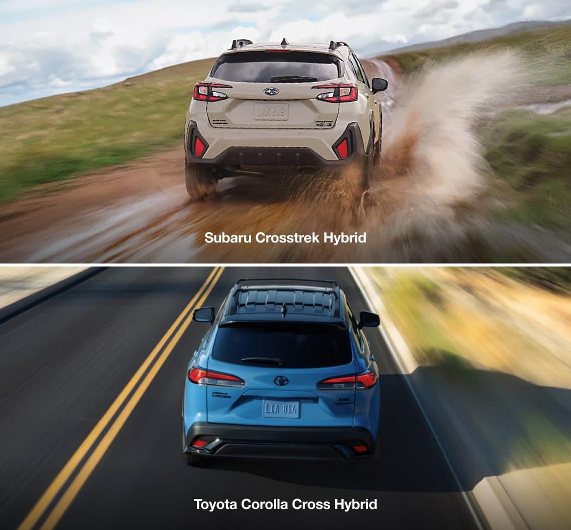 Two images show cars taken from behind. The top image features a Subaru Crosstrek Hybrid driving through a muddy path, splashing water. The bottom shows a blue Toyota Corolla Cross Hybrid on a smooth highway.