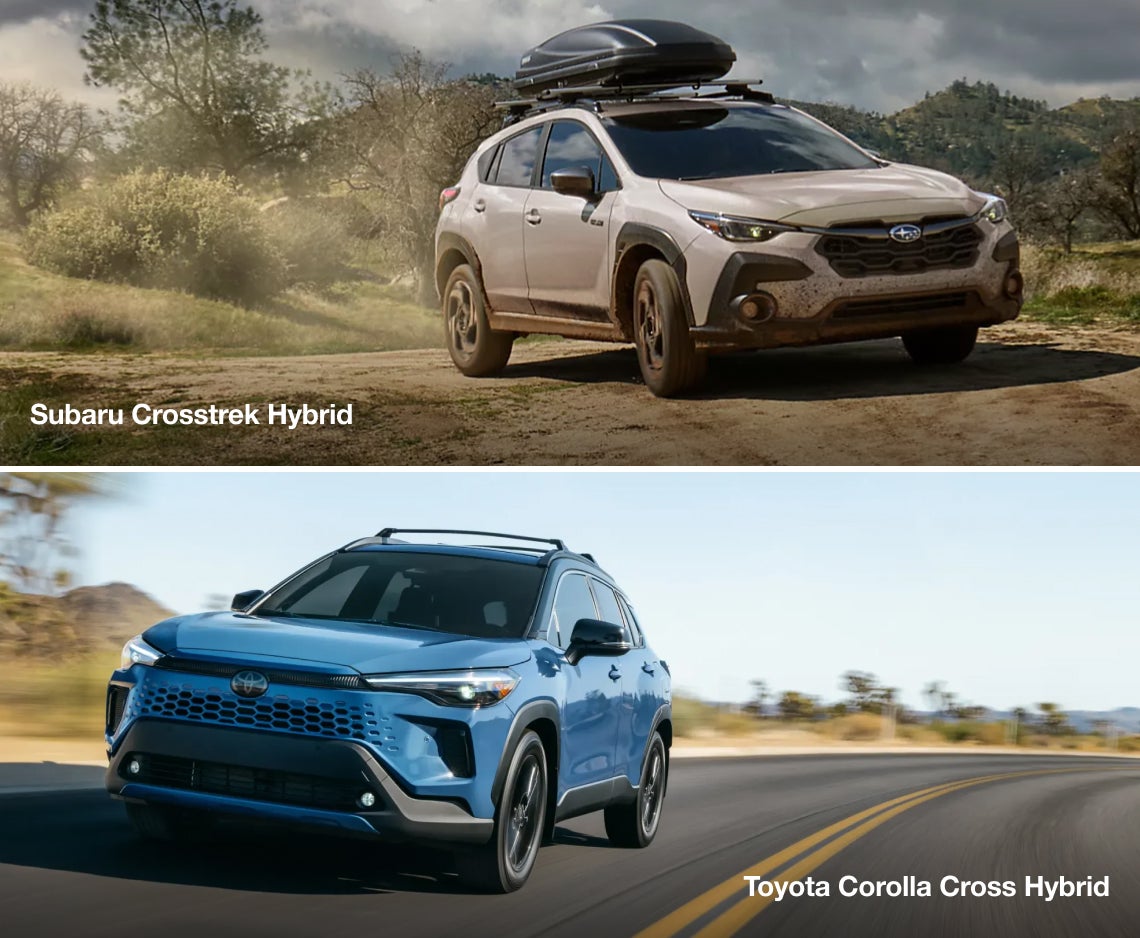 Top image shows a muddy Subaru Crosstrek Hybrid on a dirt path amid greenery under a cloudy sky. Bottom image features a blue Toyota Corolla Cross Hybrid on a scenic road with mountains.