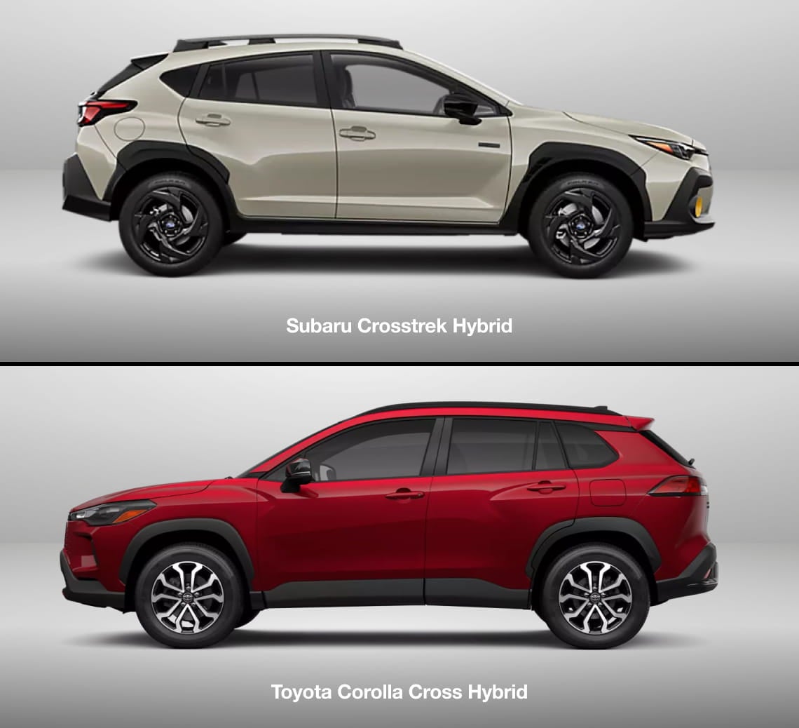 Side-by-side image comparison of two hybrid SUVs: a Subaru Crosstrek Hybrid on top and a red Toyota Corolla Cross Hybrid below, both in profile view.