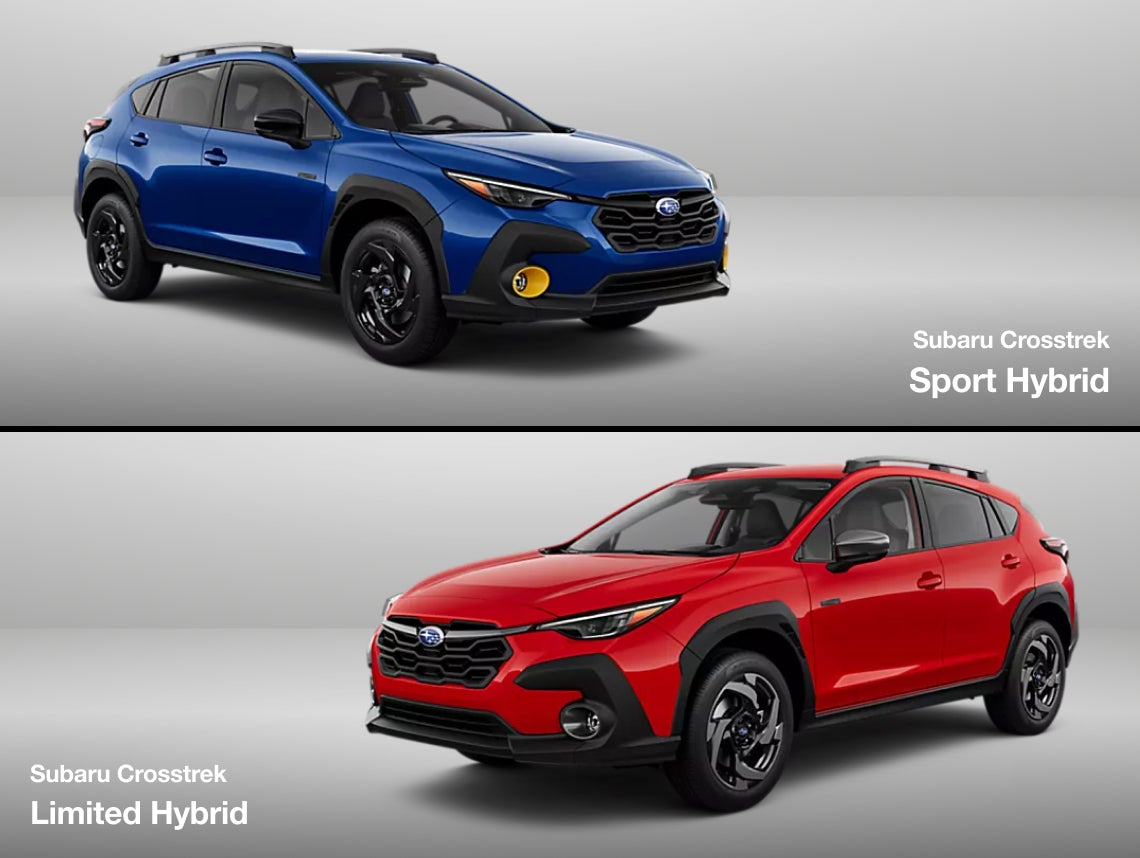 Split image of two Subaru Crosstrek hybrids: the top in blue is the Sport Hybrid, and the bottom in red is the Limited Hybrid, both on gray backgrounds.