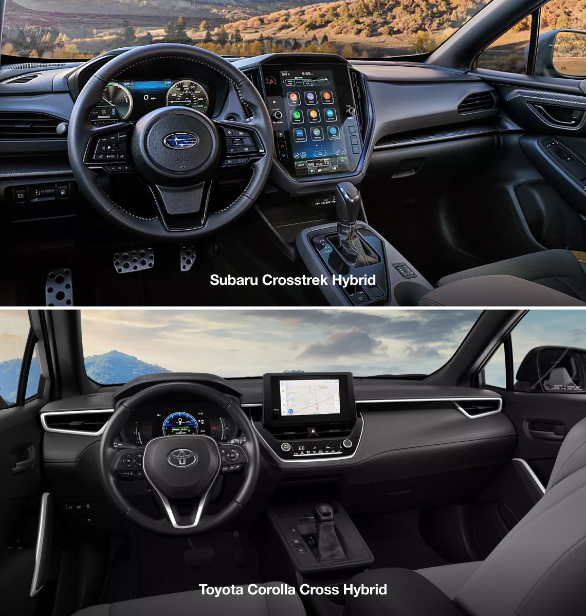 Top: Subaru Crosstrek Hybrid interior, featuring a digital dashboard and large infotainment screen, set against a scenic landscape. Bottom: Toyota Corolla Cross Hybrid interior with a sleek design and central touchscreen, under a partly cloudy sky.
