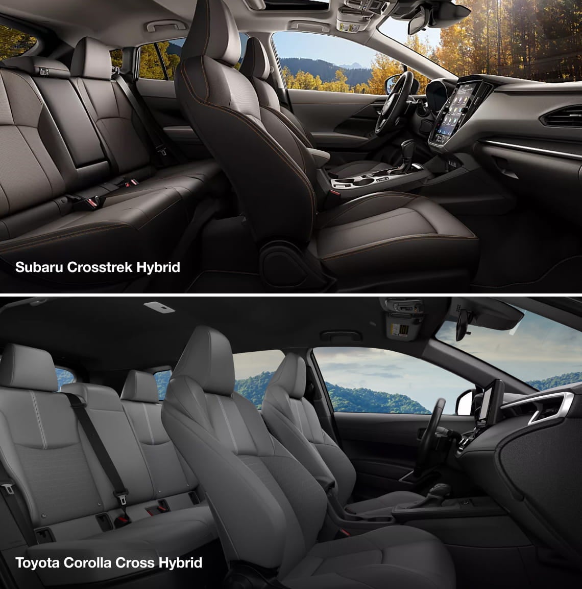 Split image of two hybrid car interiors: top shows Subaru Crosstrek's dark, leather seats; bottom features Toyota Corolla's light, fabric seats. Both have scenic backgrounds.