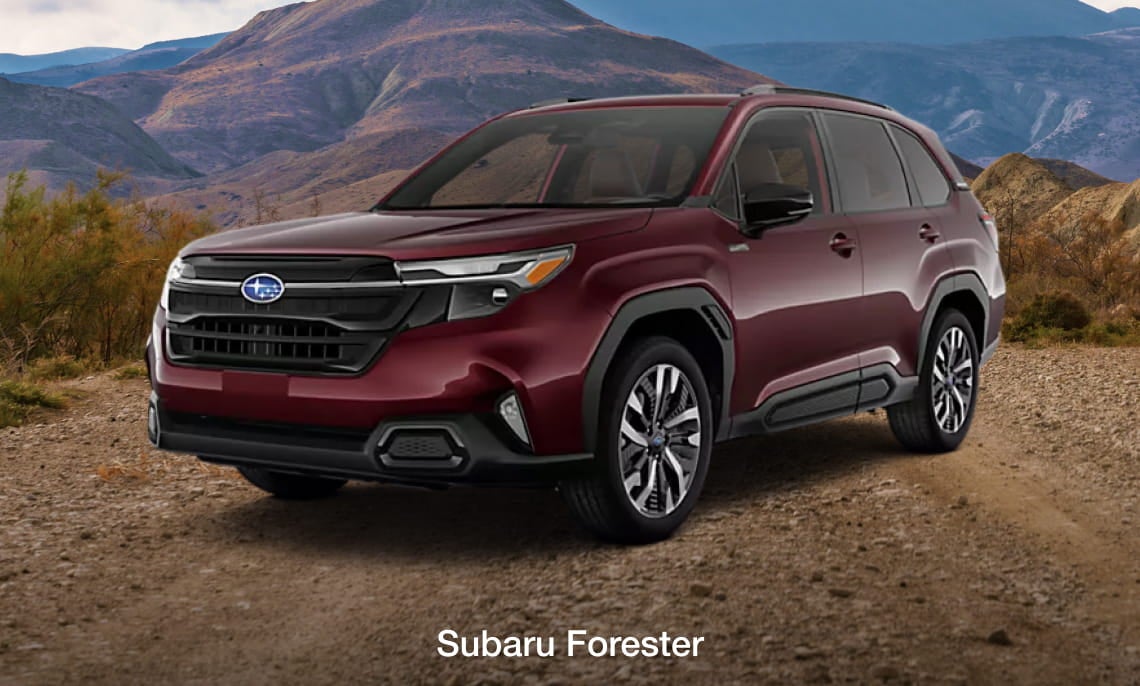 A 2026 Subaru Forester Hybrid is parked on a dirt path with rugged mountains in the background. The scene exudes adventure and freedom.