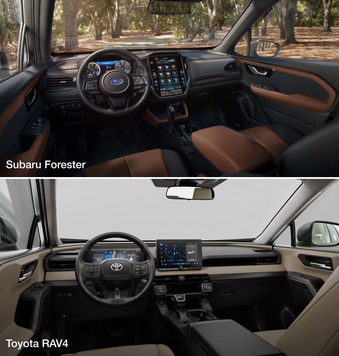 Split image of car interiors: Top is 2026 Subaru Forester Hybrid with brown-black tones and a touchscreen; bottom is 2026 Toyota RAV4 Hybrid with a sleek, modern dashboard.