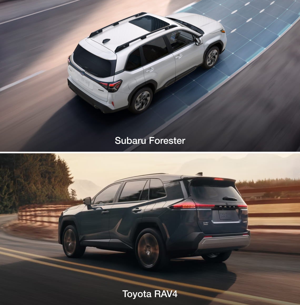 Split image of two vehicles: top, a 2026 Subaru Forester Hybrid on a sunny road with digital lane overlay; bottom, a 2026 Toyota RAV4 Hybrid driving through a scenic, wooded area at sunset.