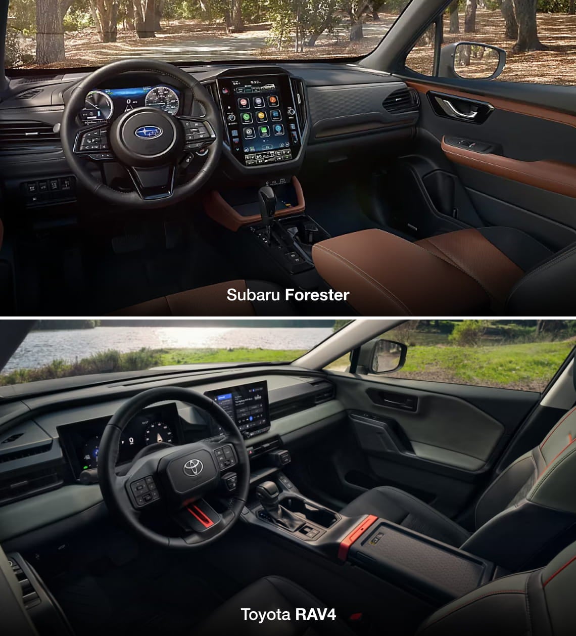 Subaru Forester and Toyota RAV4 interiors showing their steering wheels, dashboards, center displays, and front seating areas.