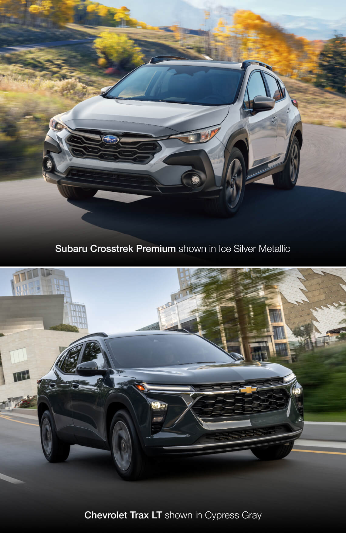 2026 Subaru Crosstrek Premium in Ice Silver Metallic and 2026 Chevrolet Trax LT in Cypress Gray, driving comparison.