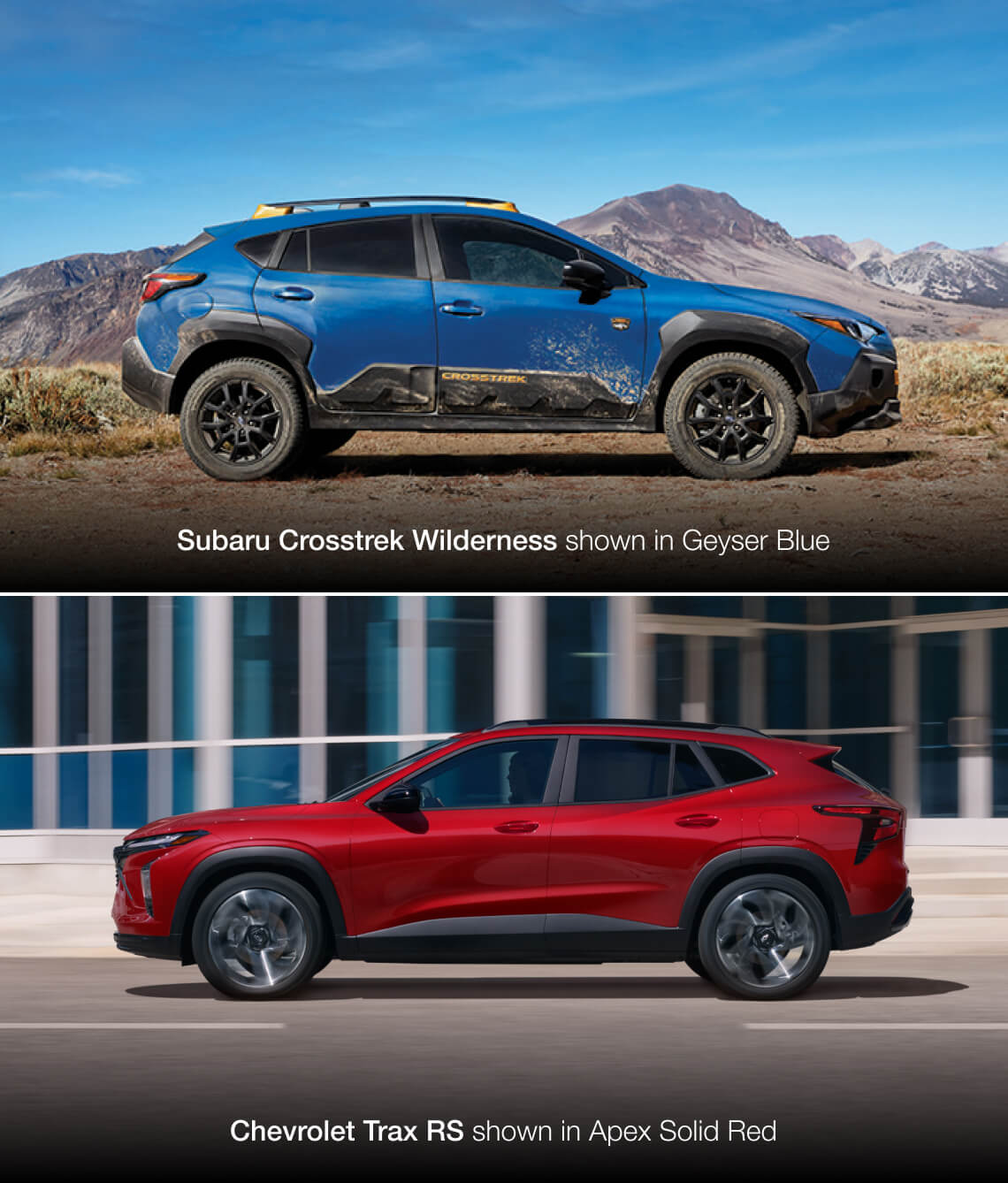 2026 Subaru Crosstrek Wilderness in Geyser Blue and 2026 Chevrolet Trax RS in Apex Solid Red, shown in side-profile comparison.