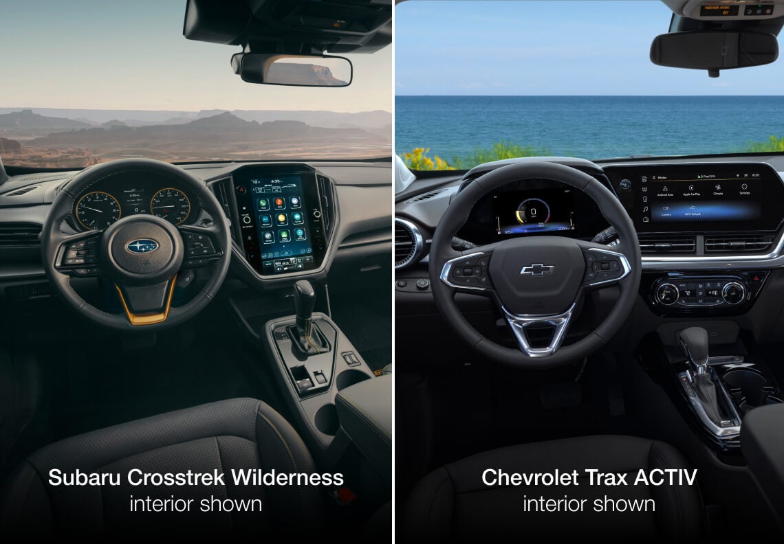 2026 Subaru Crosstrek Wilderness and 2026 Chevy Trax ACTIV interiors, with steering wheels and infotainment screens side by side.
