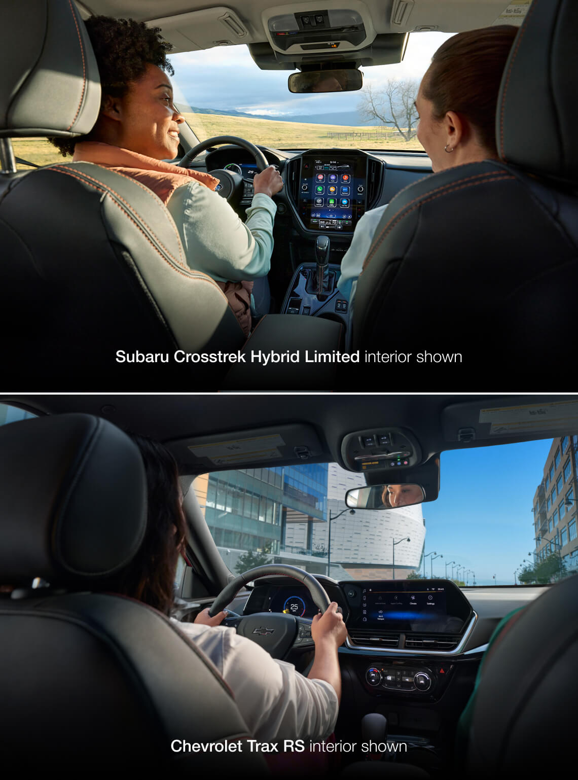 2026 Subaru Crosstrek Hybrid Limited and 2026 Chevrolet Trax RS interiors with drivers and infotainment screens.