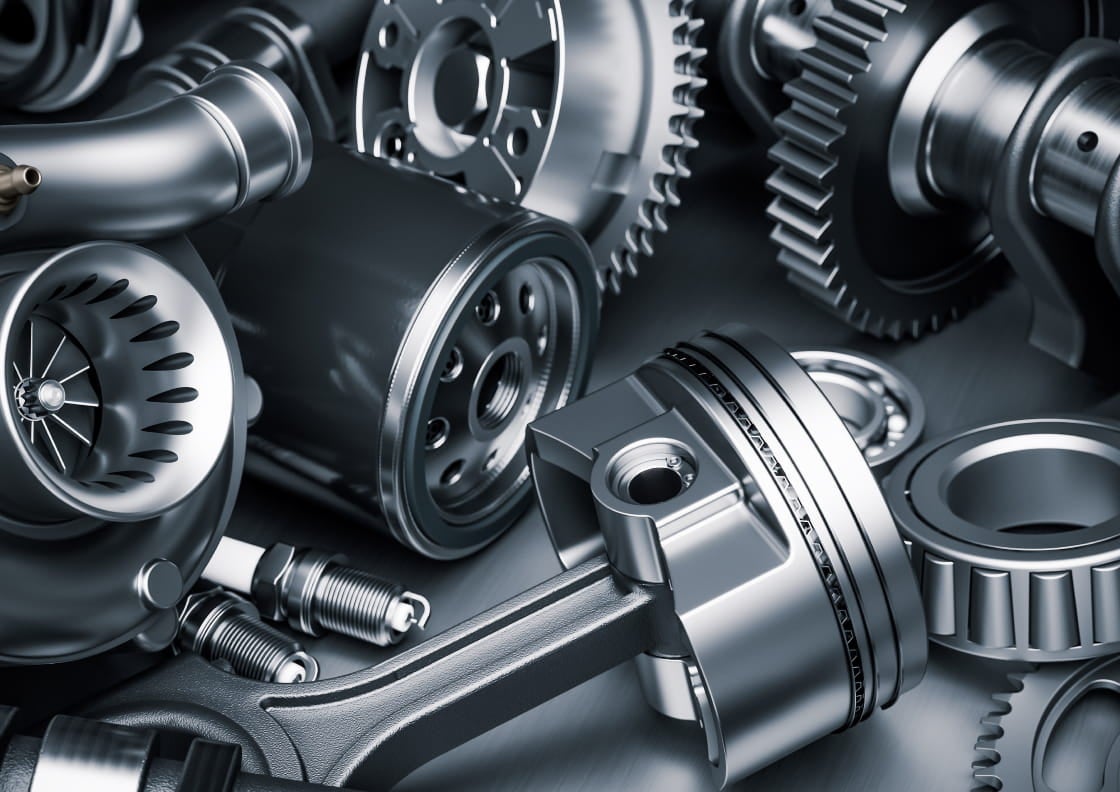 Automotive engine components, including gears, pistons, spark plugs and bearings.